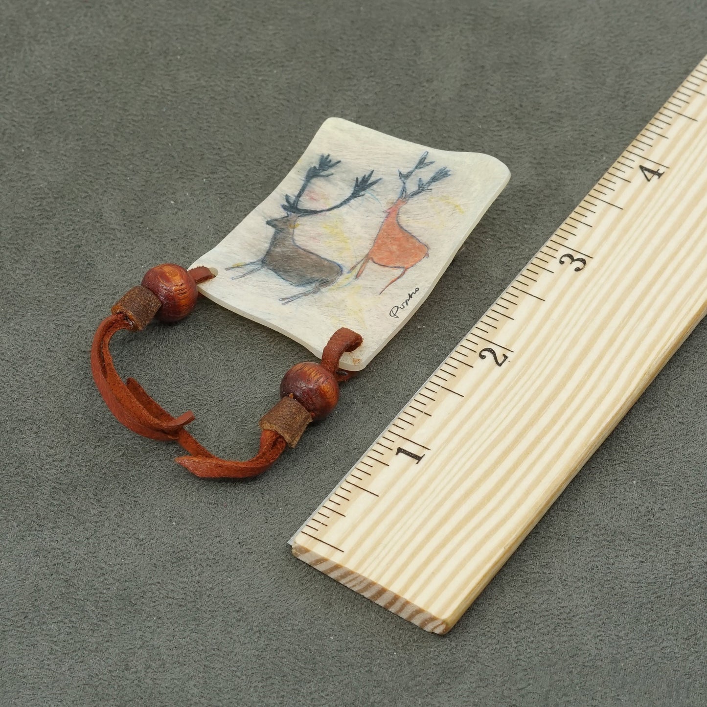Vintage handmade brooch with leather fringe and deer painting