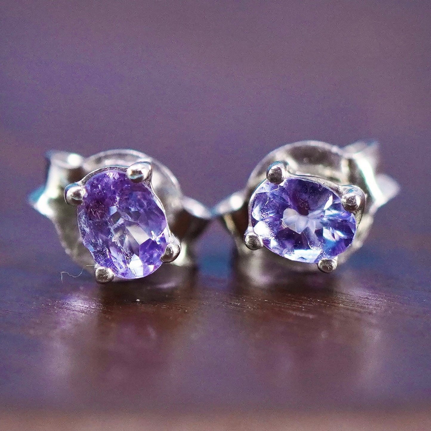 Vintage Sterling silver handmade earrings, 925 studs with amethyst
