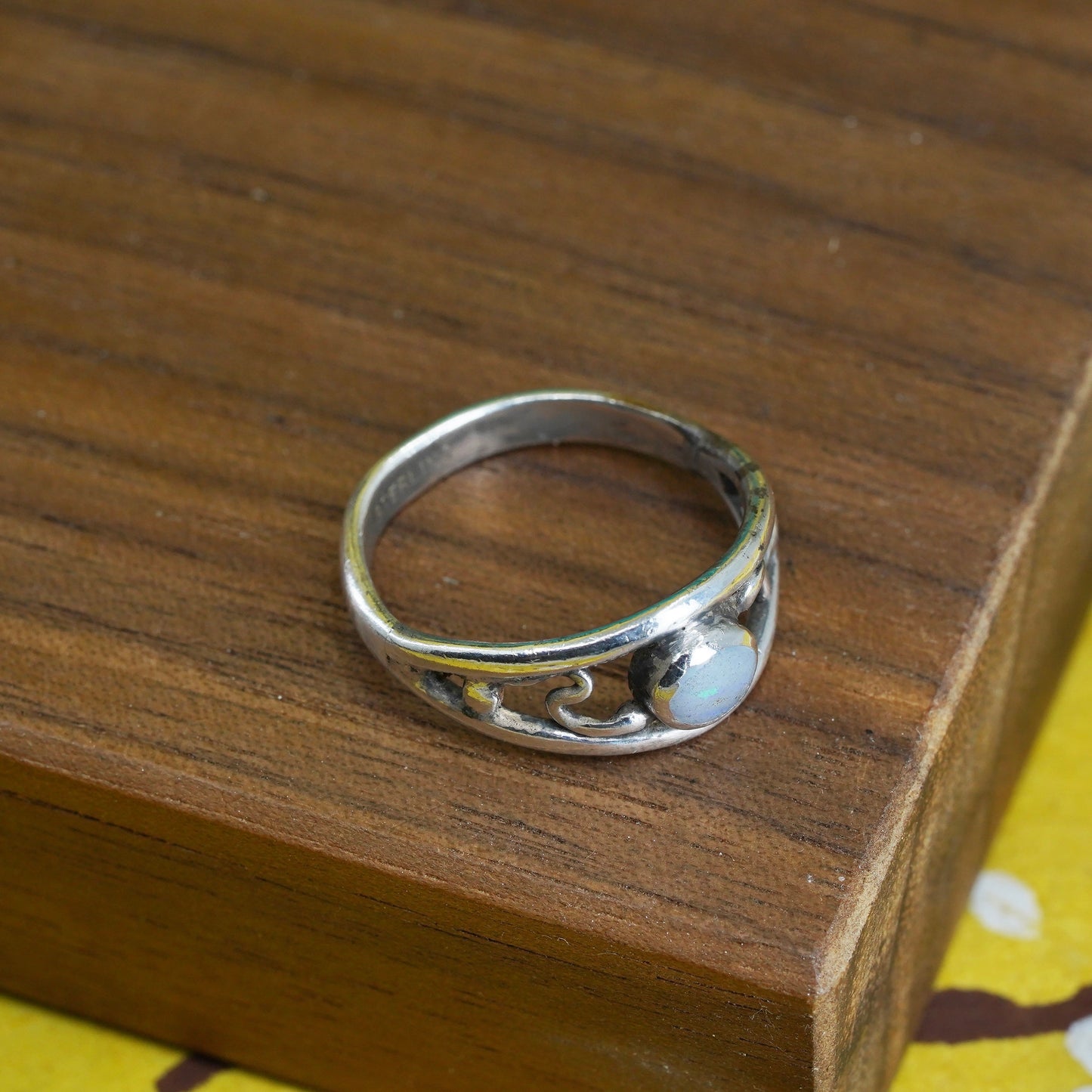 Size 6, vintage sterling silver handmade ring, 925 silver band with opal