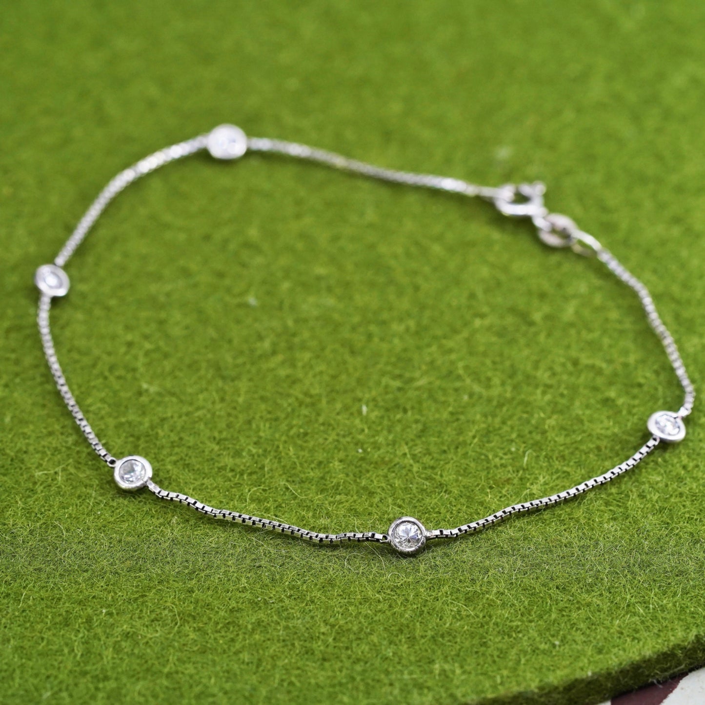 Vintage sterling silver bracelet, 925 box chain anklet with heart and cz