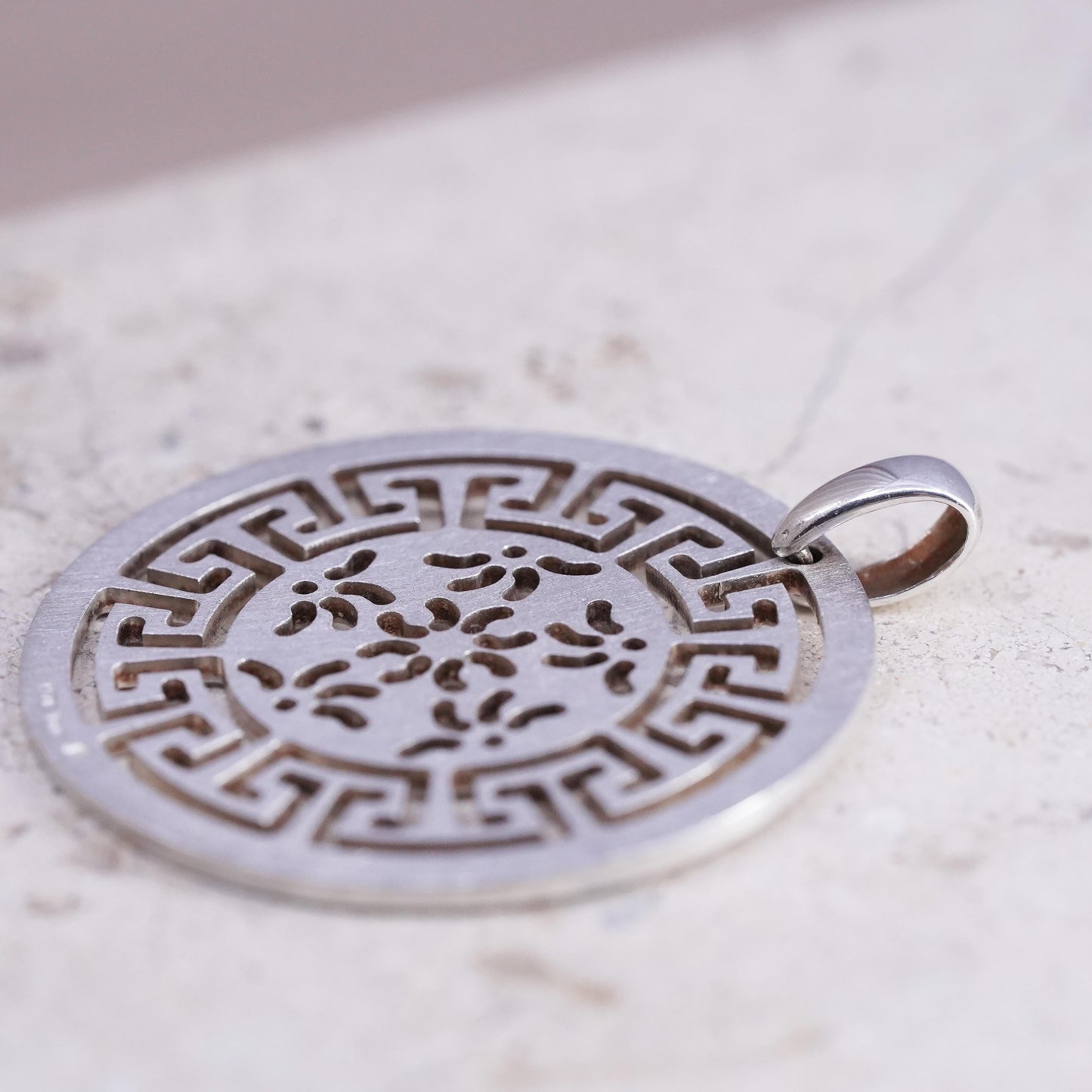 Vintage Italian M Sterling silver handmade pendant, 925 Greek key floral circle