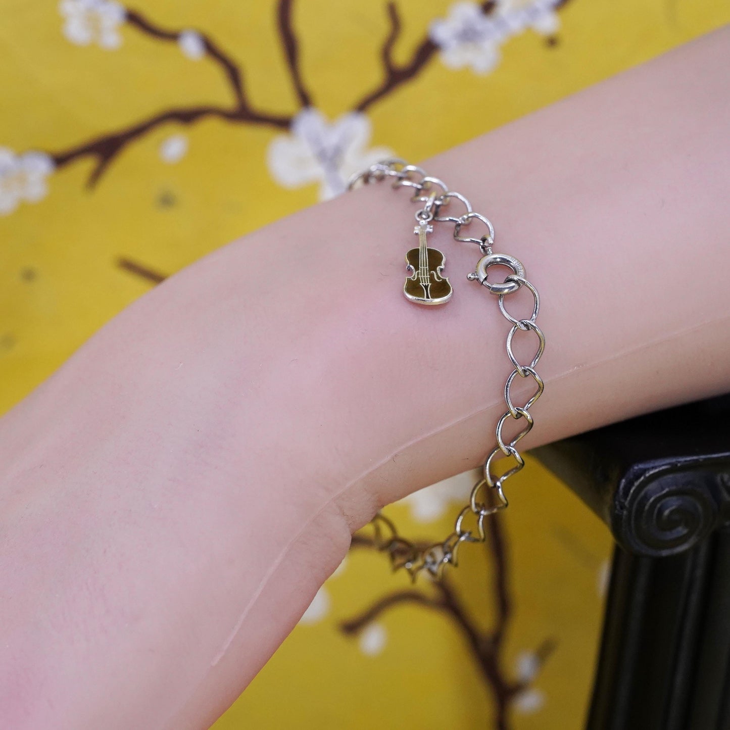 6.75", Sterling silver curb bracelet, 925 chain bracelet piano guitar charms