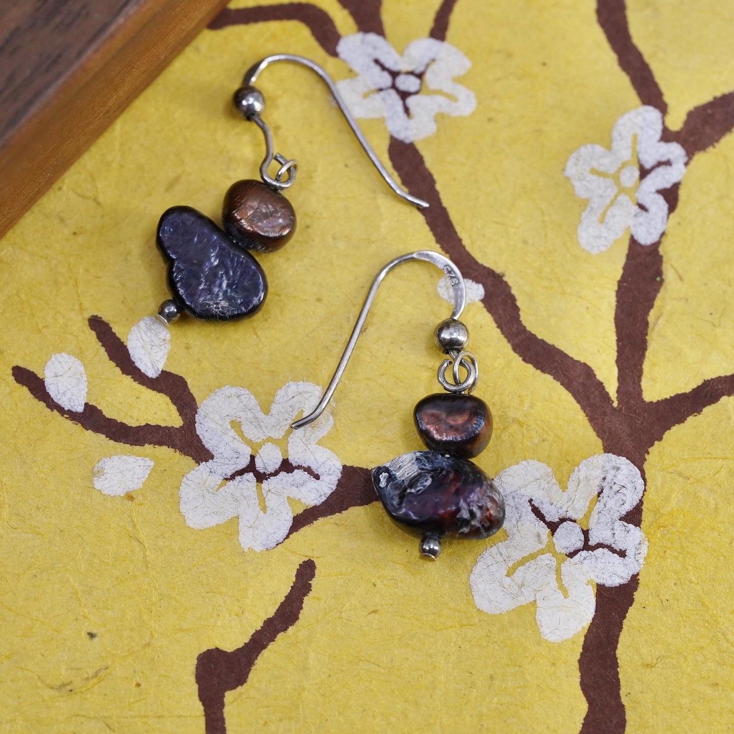 Vintage Sterling 925 silver handmade earrings with black pearl