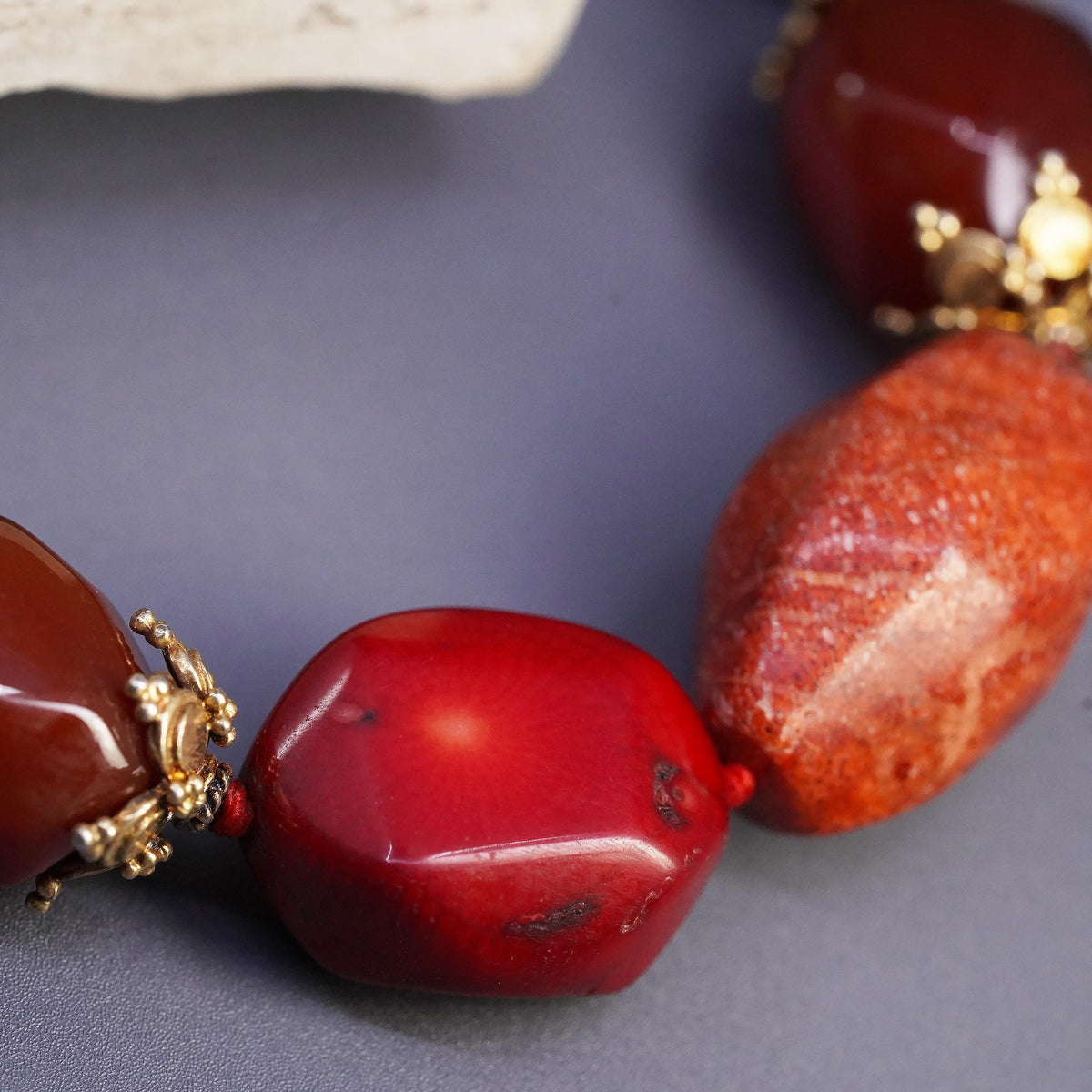 20+1", LUC Vermeil Gold Sterling 925 Silver necklace coral carnelian nuggets