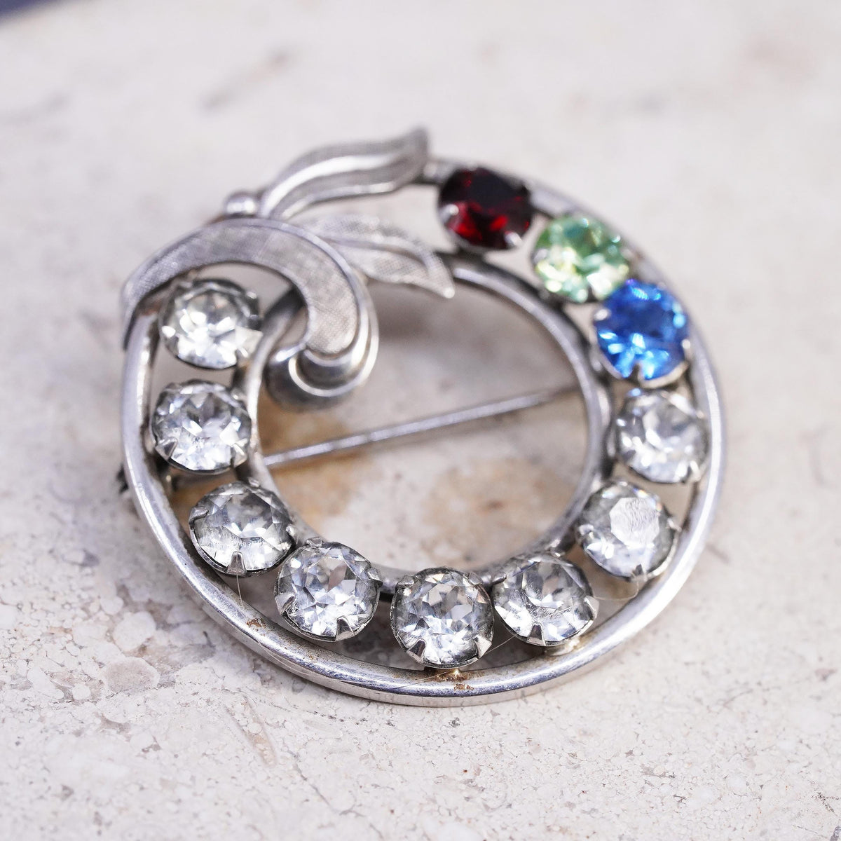 Vintage Van Dell Sterling silver handmade brooch, 925 circle pin w/ Rhinestone