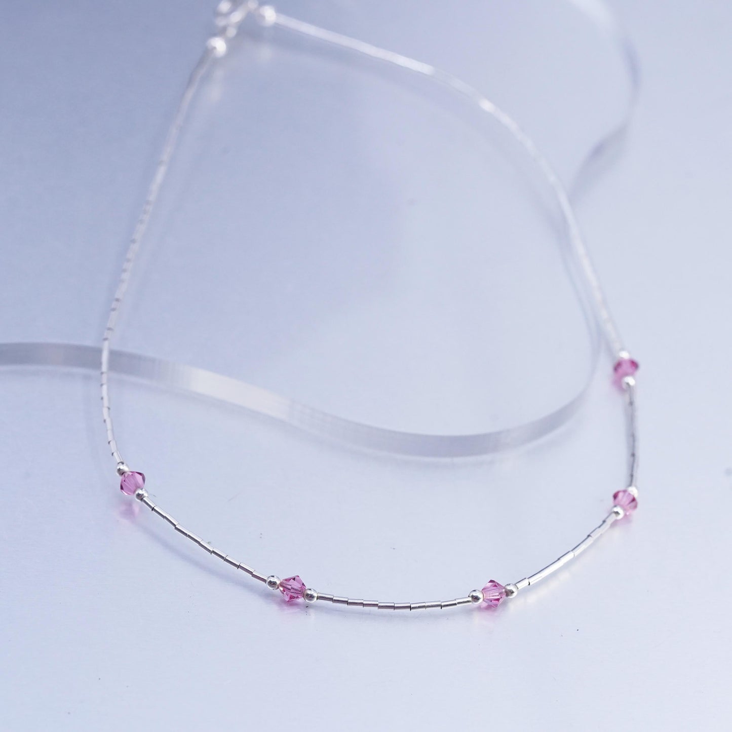 14”, Native American Sterling 925 liquid silver necklace pink crystal beads