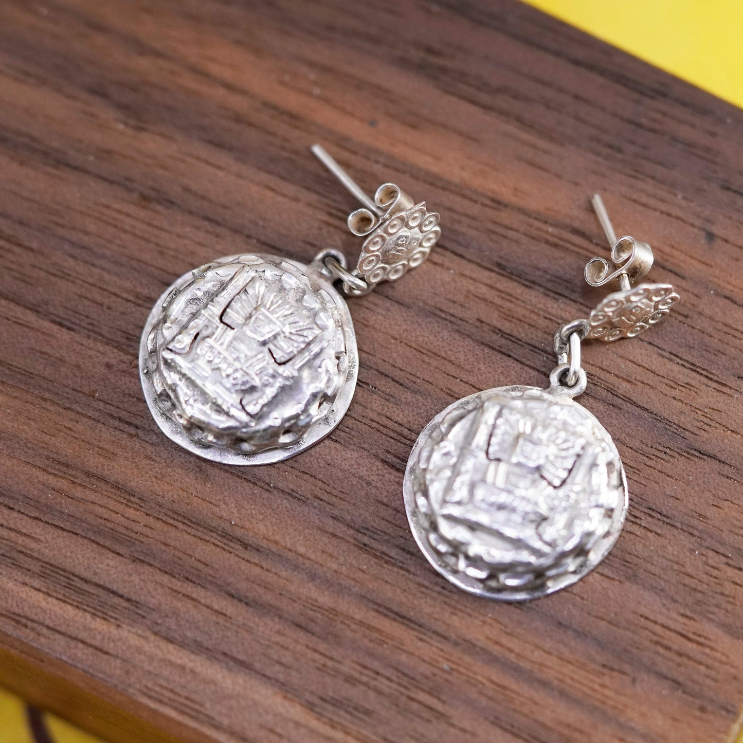 Vintage Sterling silver 925 handmade dangles, Inca sun god Viracocha earrings