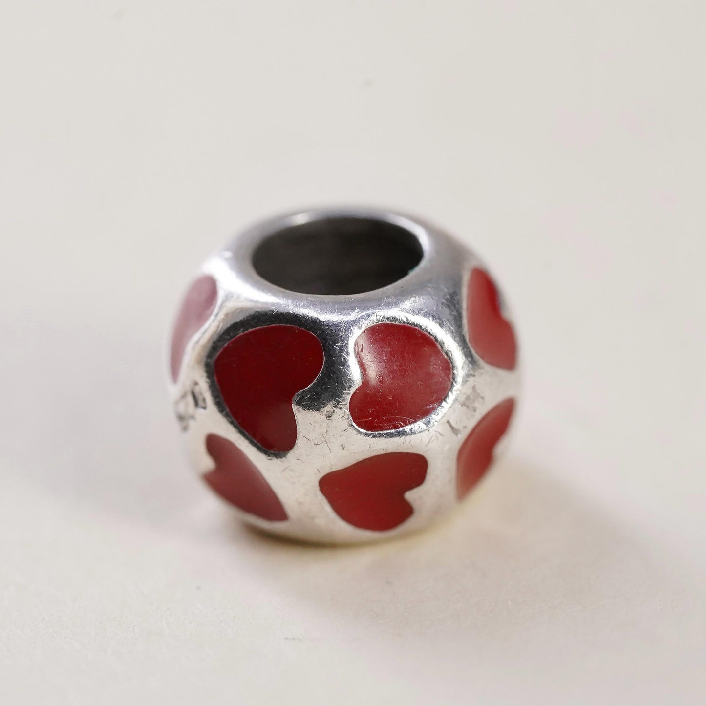 Vintage Sterling silver handmade pendant, 925 red enamel heart bead charm