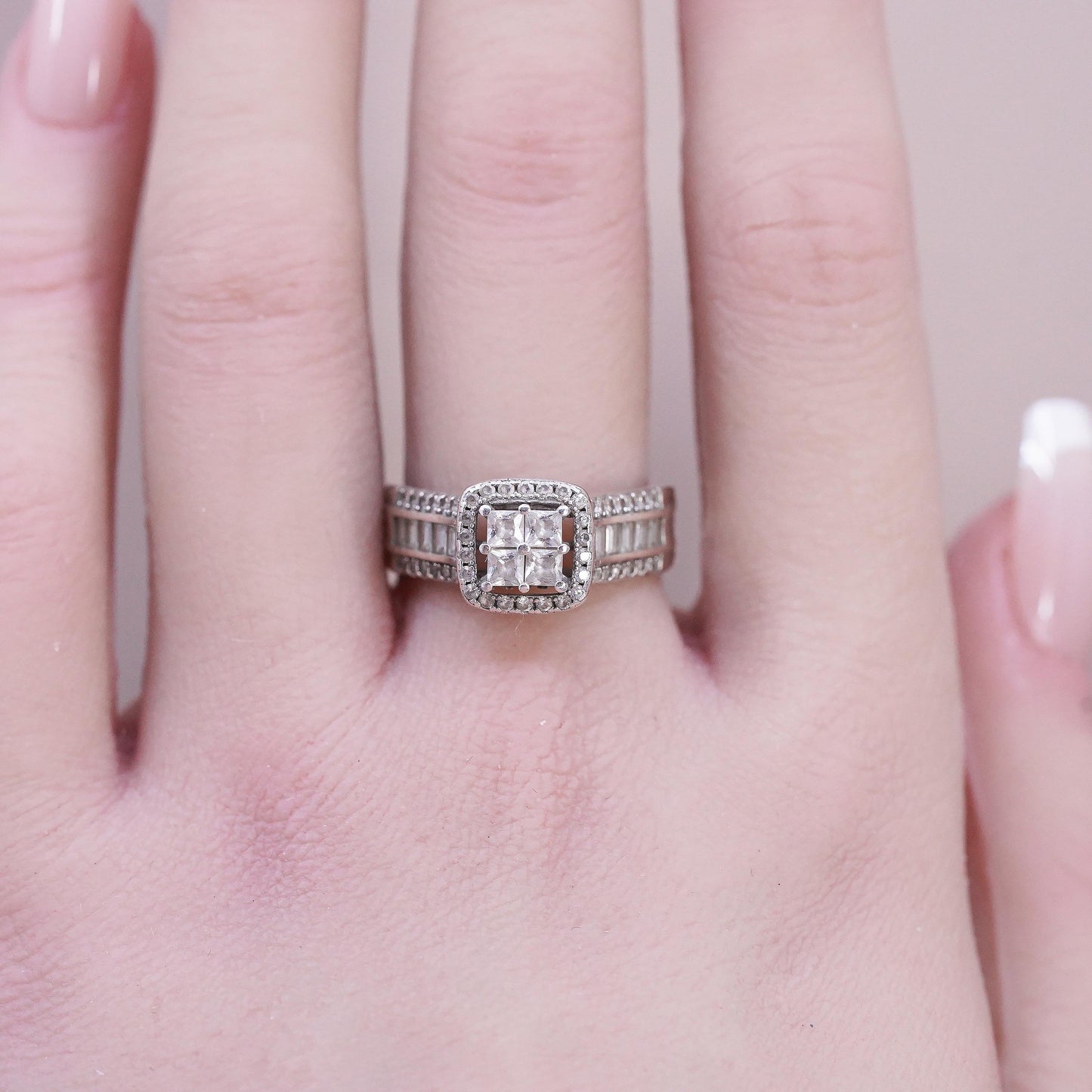 Size 8, Sterling Silver 925 CZ Cluster Princess Cut Square Halo Ring, Crystal