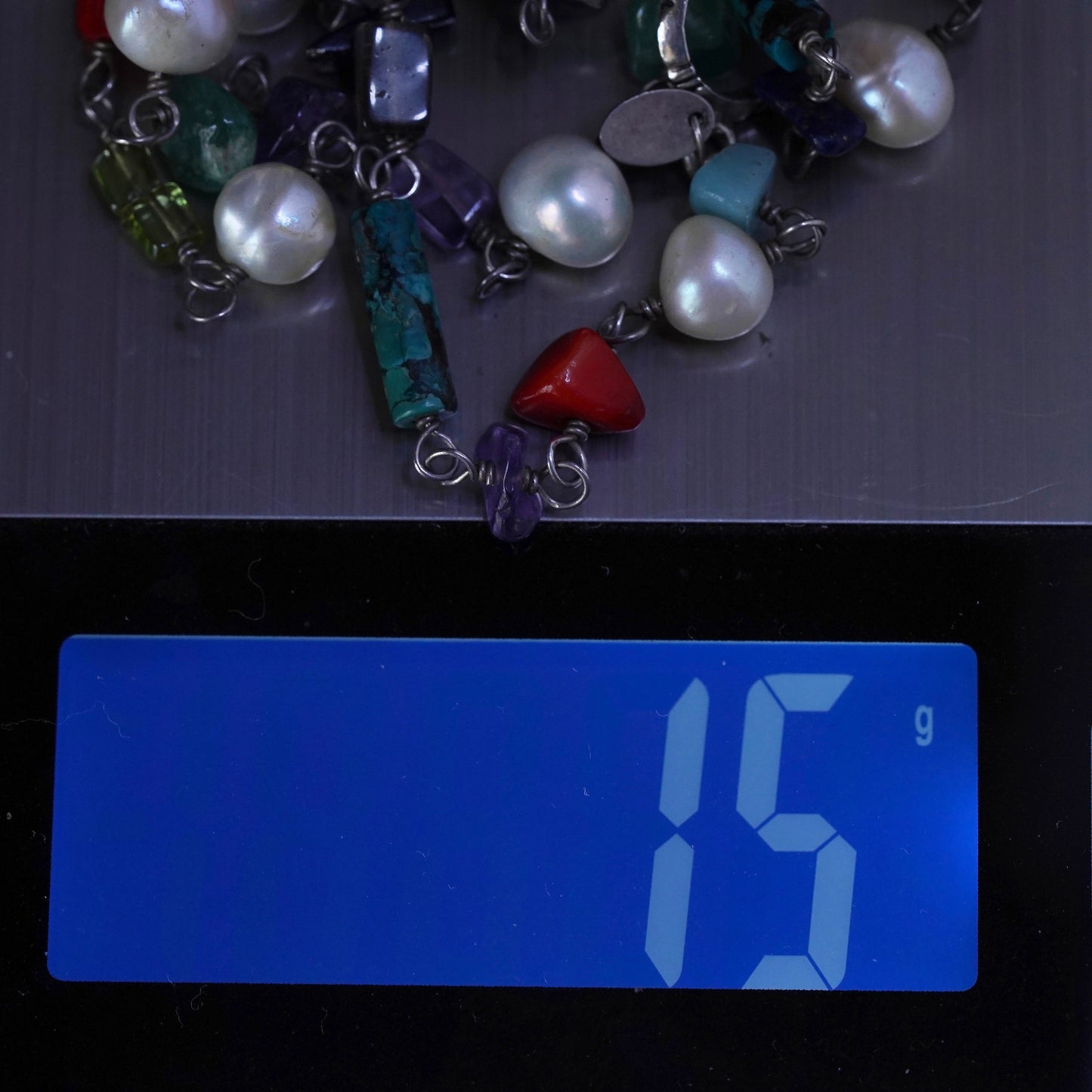 16”, Silpada Multi 925 Silver Necklace Retired Pearl Coral Turquoise Amethyst