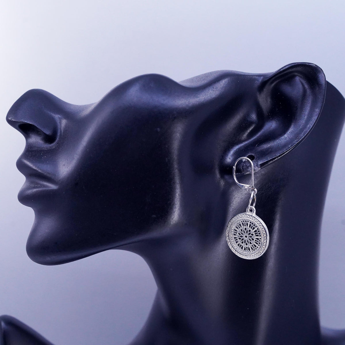 Vintage Sterling 925 silver handmade filigree circle earrings dangles
