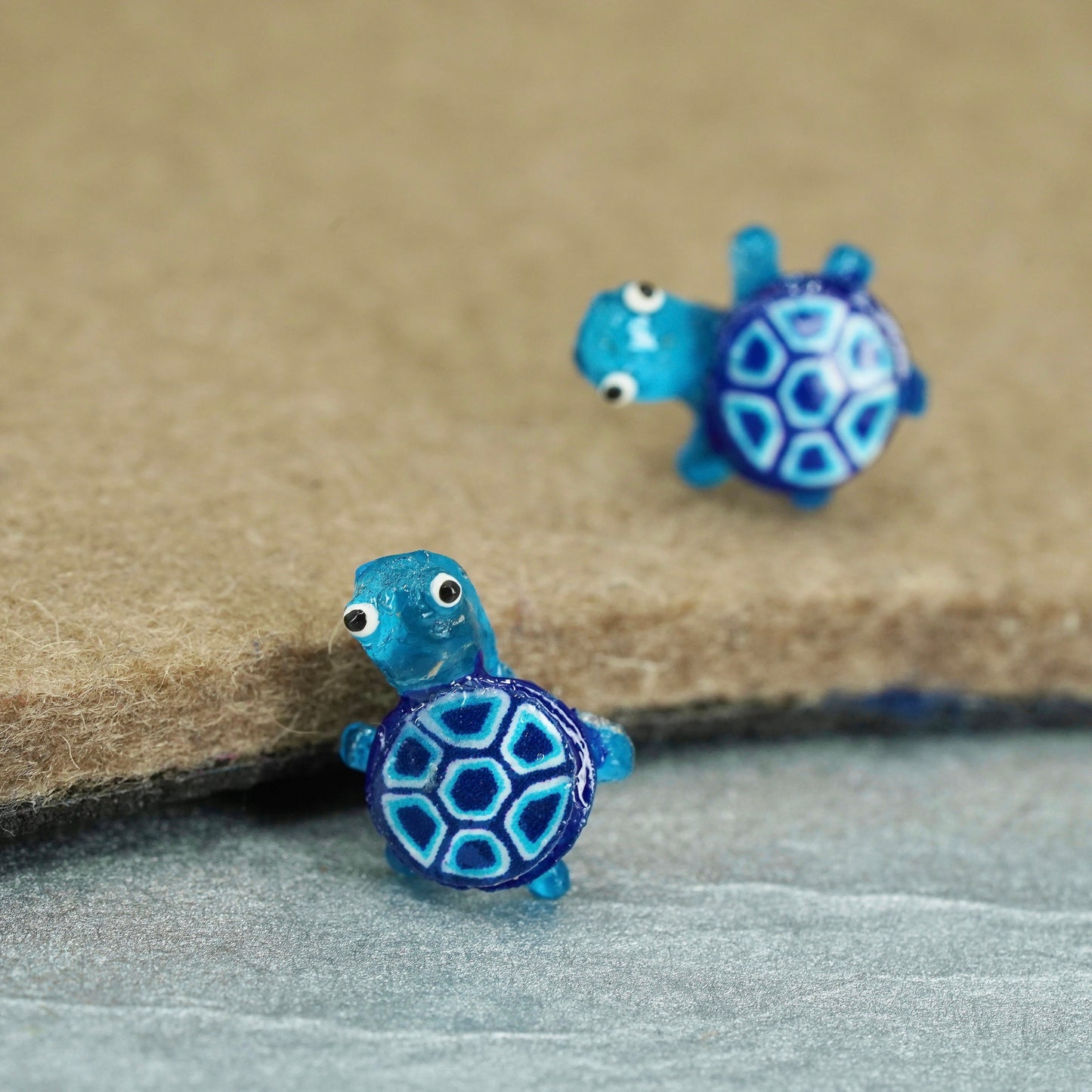 Vintage silver tone earrings, studs with blue turtle inlay