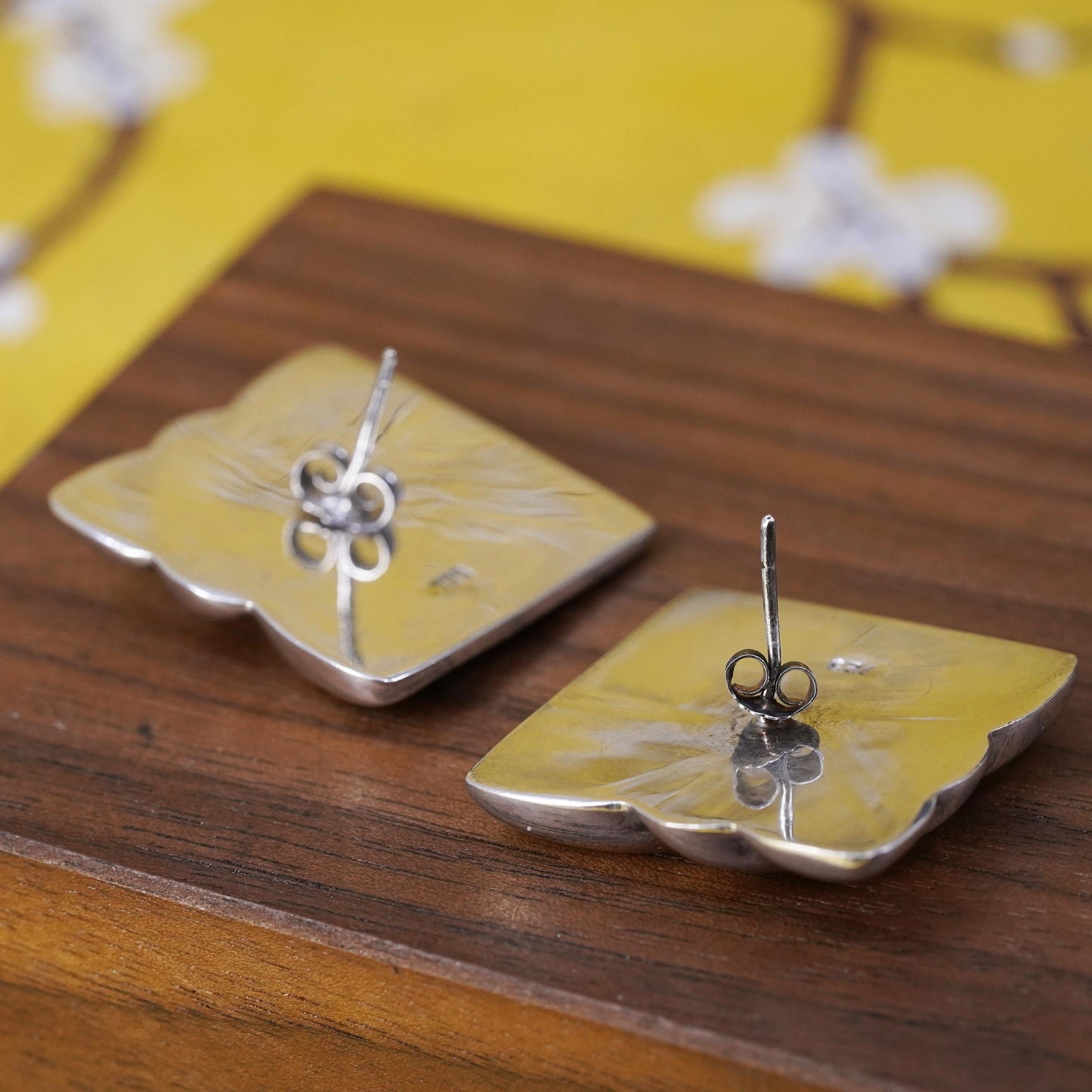 vintage modern Sterling silver handmade studs, square ribbed earrings