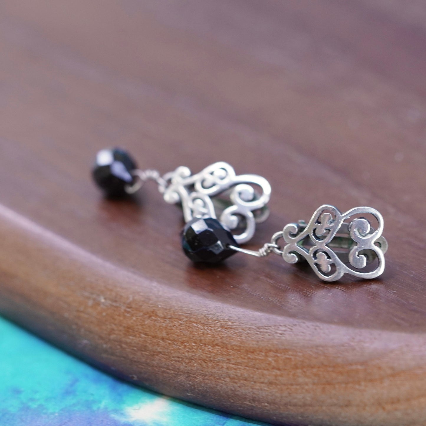 Vintage Sterling silver handmade clip on, 925 swirly earrings with black onyx