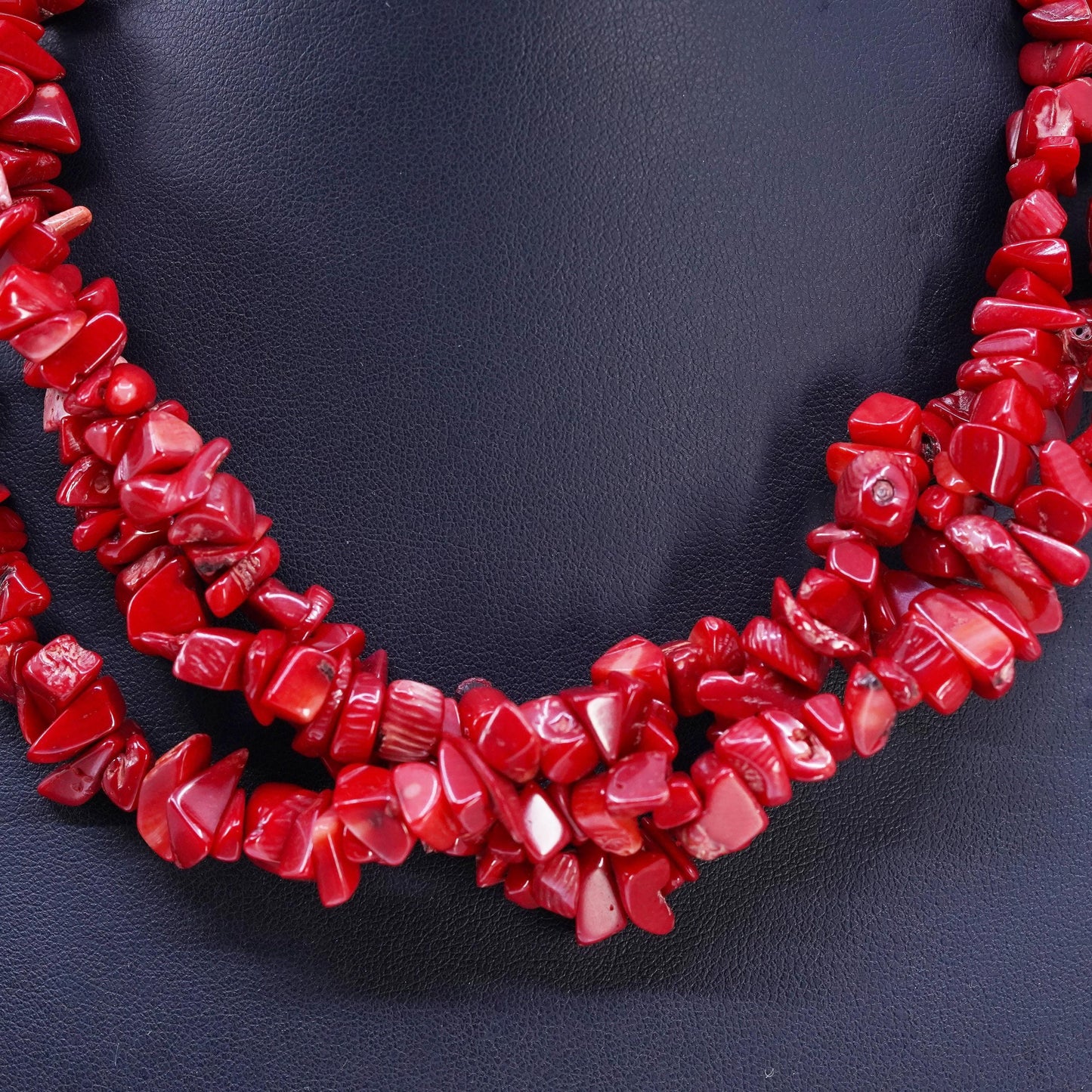 16+1", Native American multi strands necklace, Coral beads sterling 925 silver