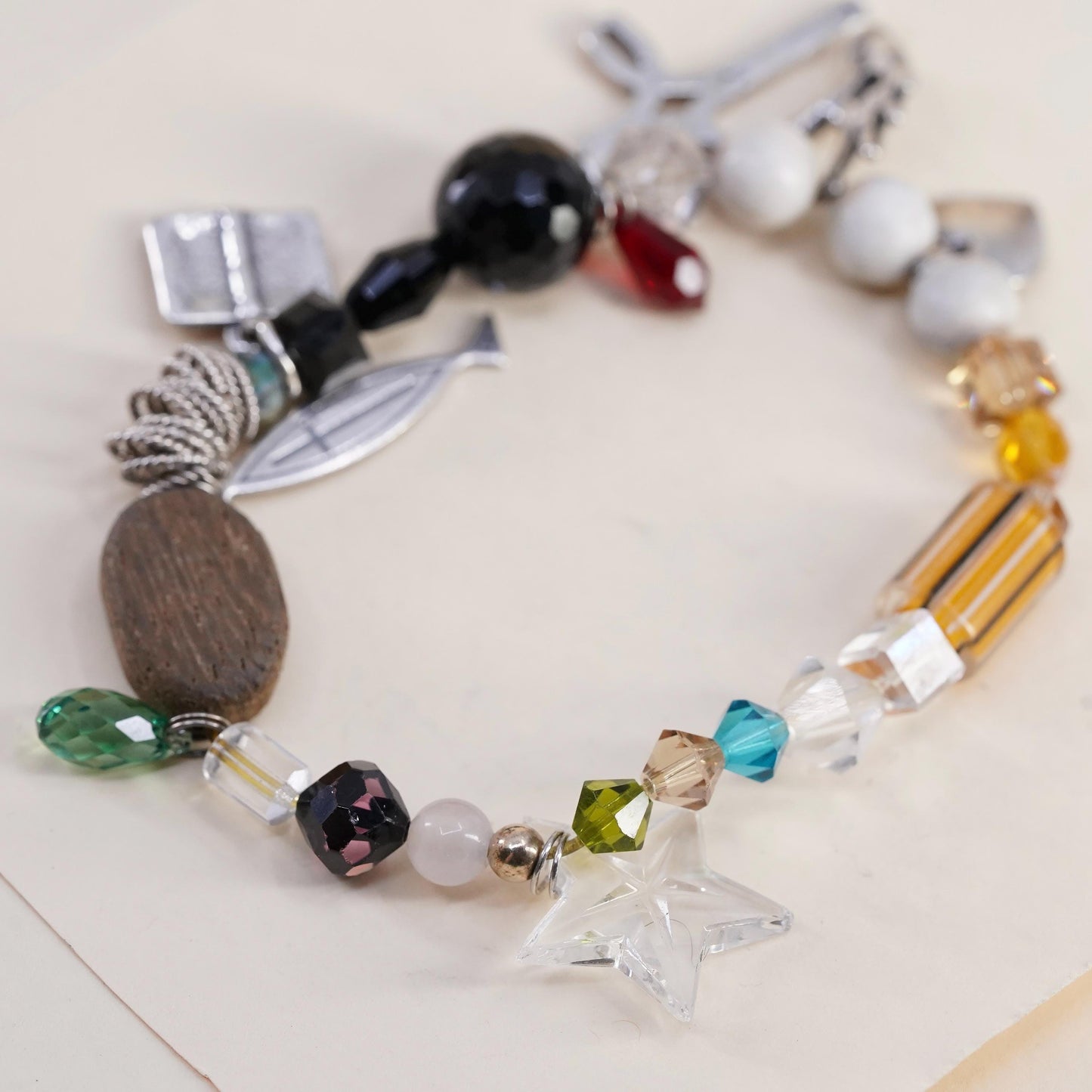 7", stretchy bracelet wood howlite beads prayer cross fish heart bible charms