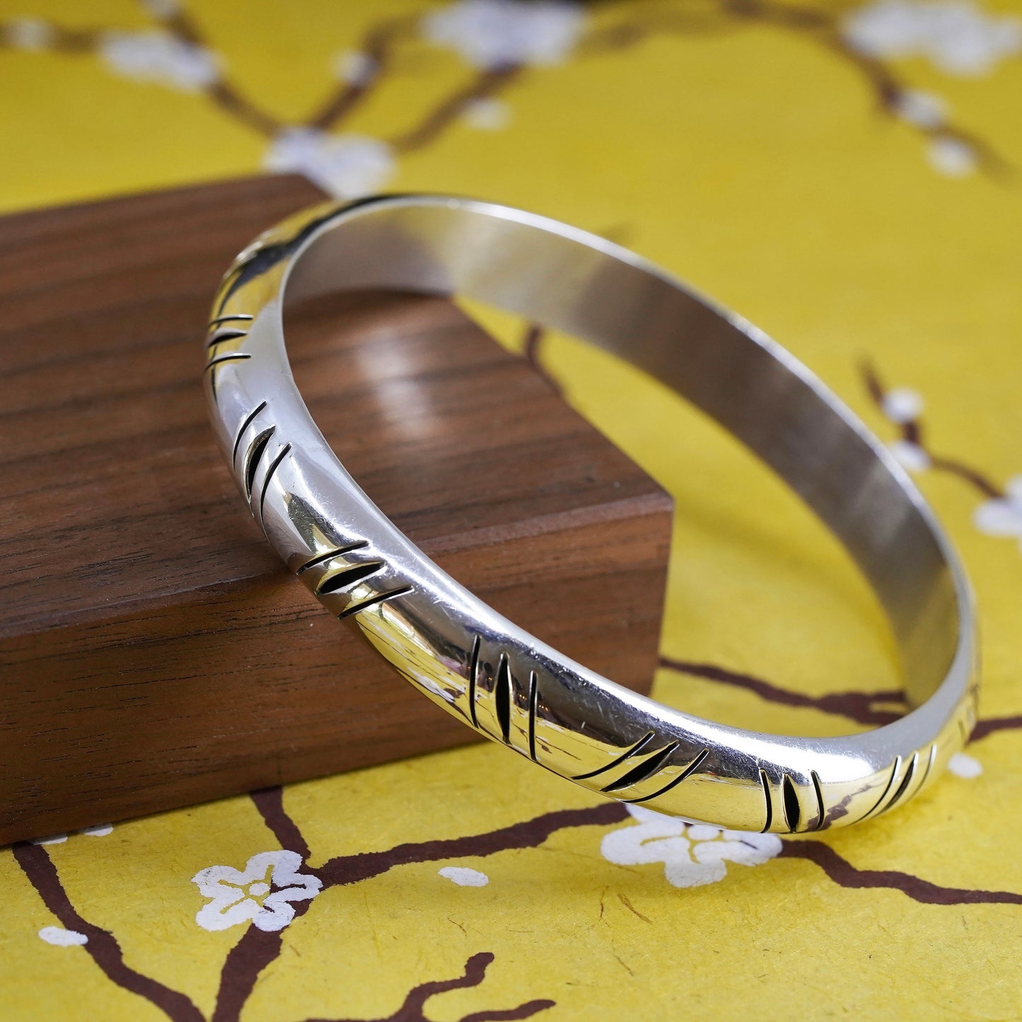8”, Vintage Mexico Sterling silver handmade bracelet, 925 bangle with cut out