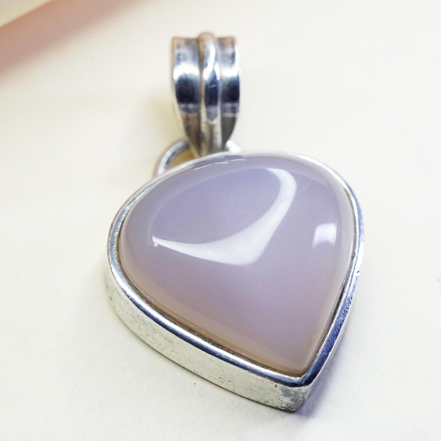 Vintage Sterling 925 silver handmade pendant lavender pink teardrop Chalcedony
