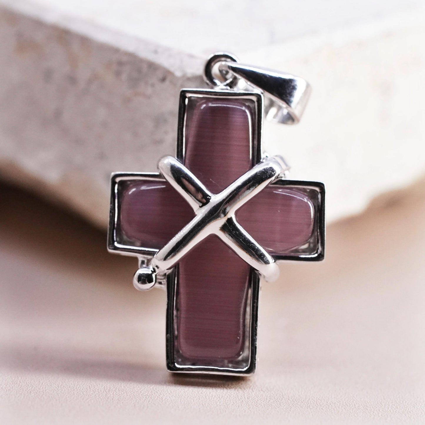 Vintage sterling silver 925 handmade pendant with purple cats eye cross