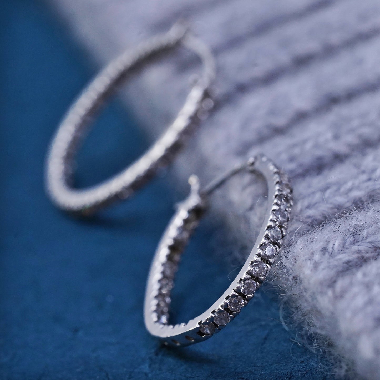 0.75”, vintage Sterling silver handmade earrings, 925 hoops, huggie with cz