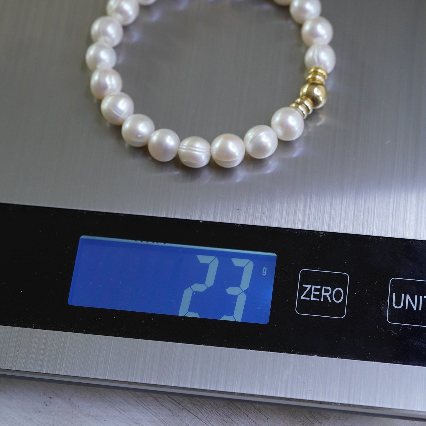 7”, Italian yellow gold over Sterling silver bead 10mm pearl elastic bracelet