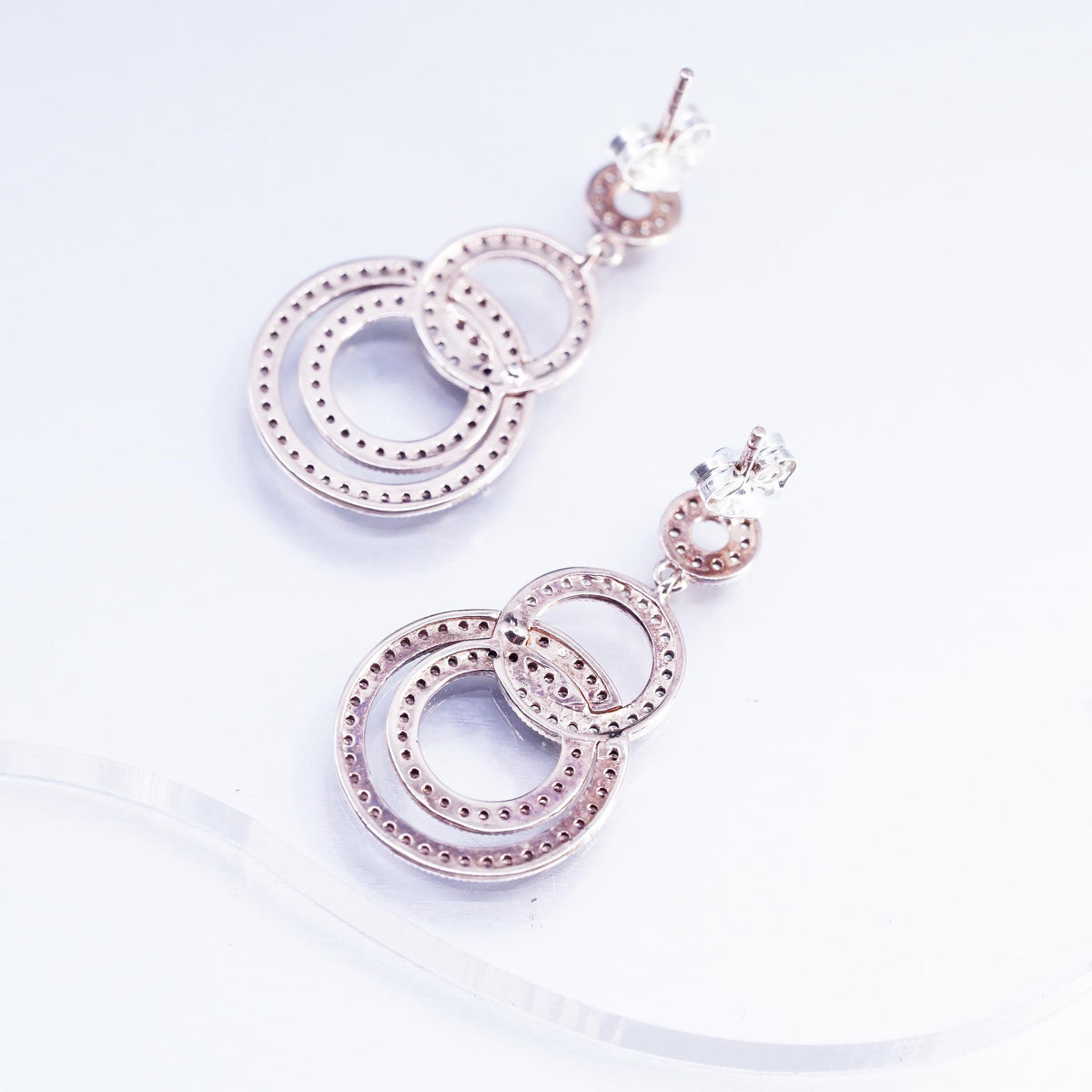 Vermeil Sterling Silver 925 Studs Earrings, Rose Gold CZ Halo, Entwined Dangles