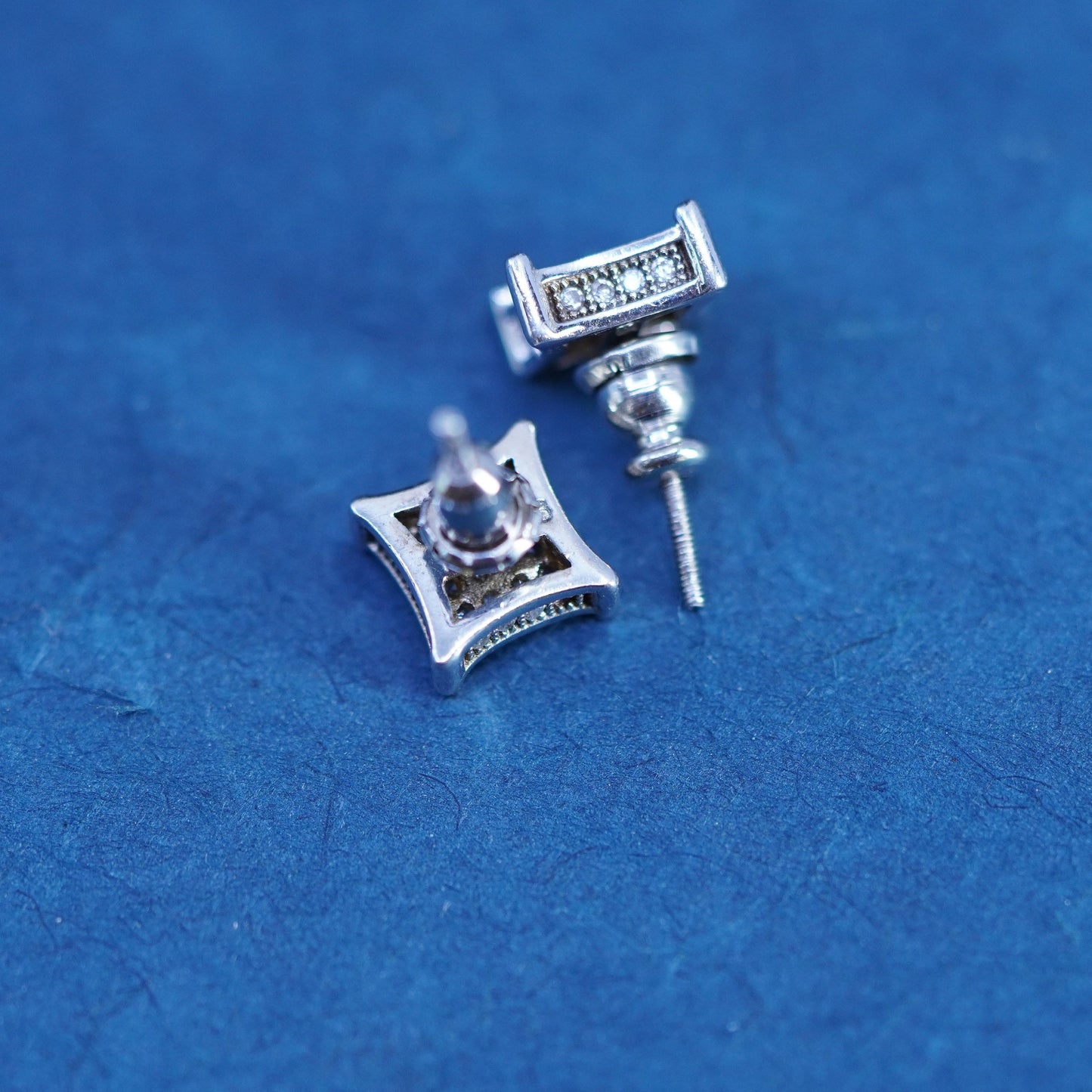 Vintage sterling silver handmade earrings, 925 square studs with cluster CZ