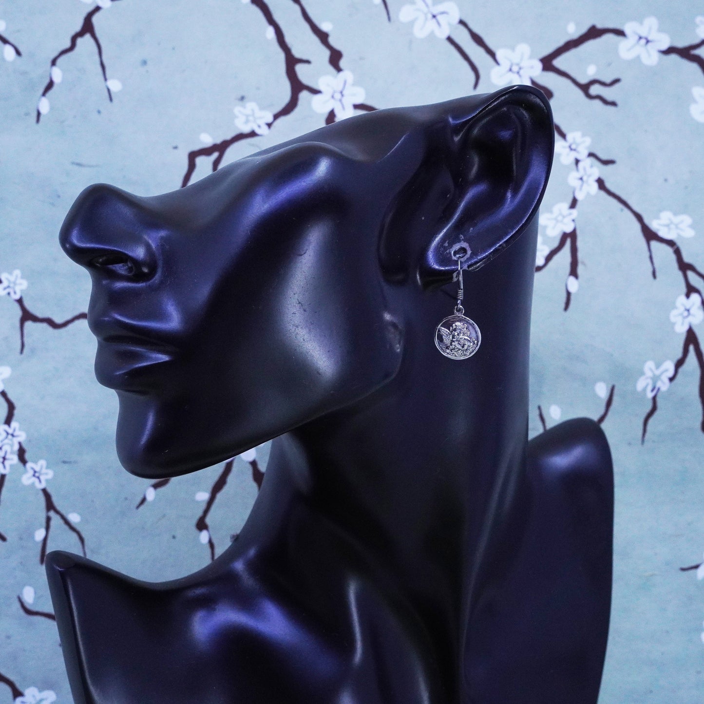 Vintage Sterling silver handmade earrings, 925 silver wired angel tag dangler