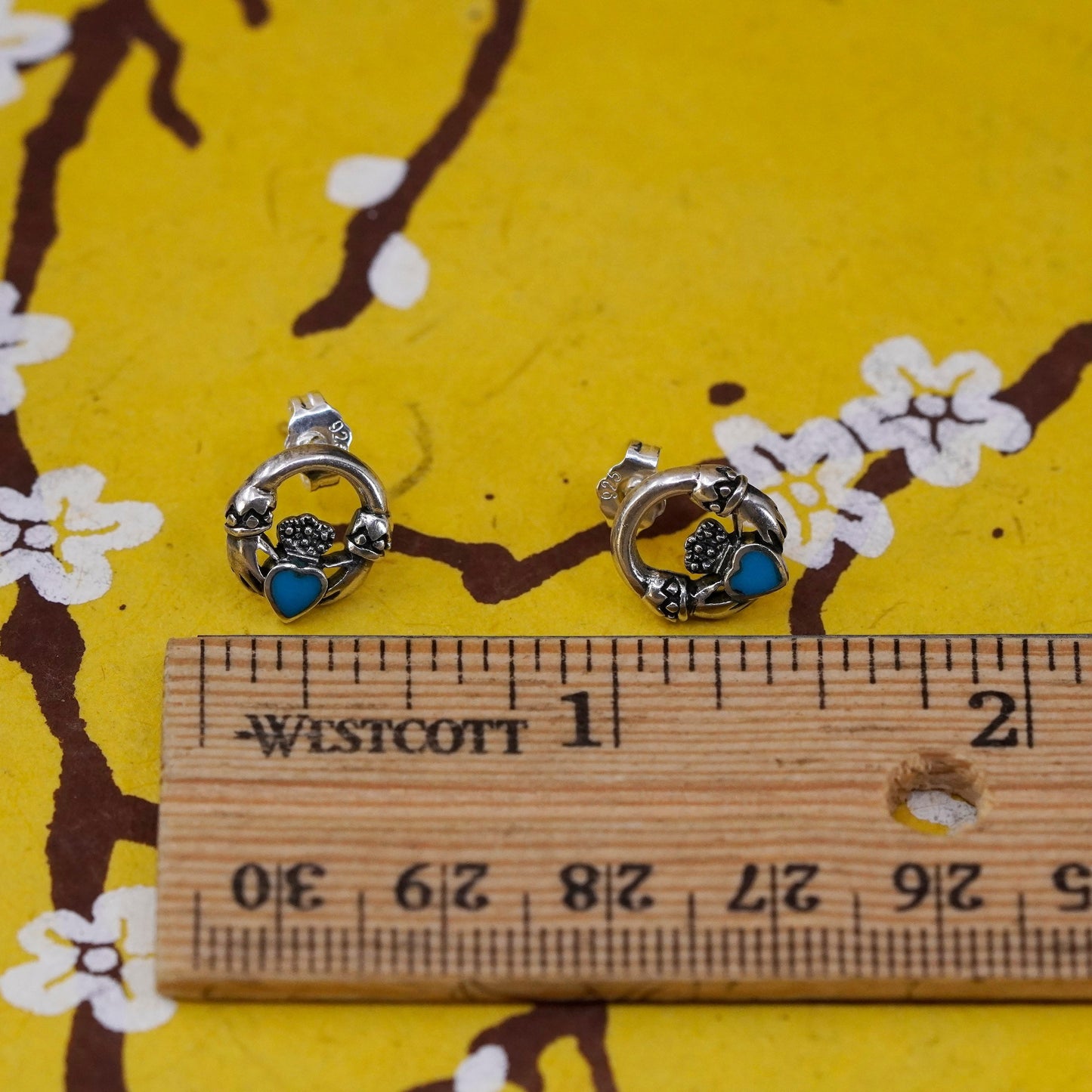 Vintage Sterling silver handmade earrings, 925 heart claddagh studs