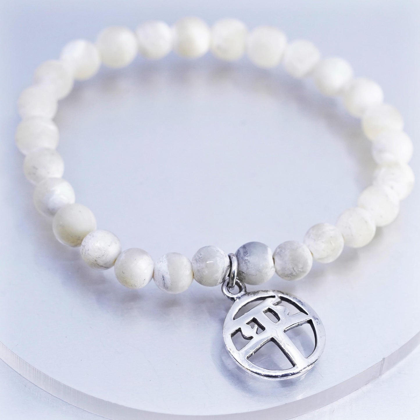 6.5", Sterling 925 silver stretchy bracelet moonstone beads “balance” charm
