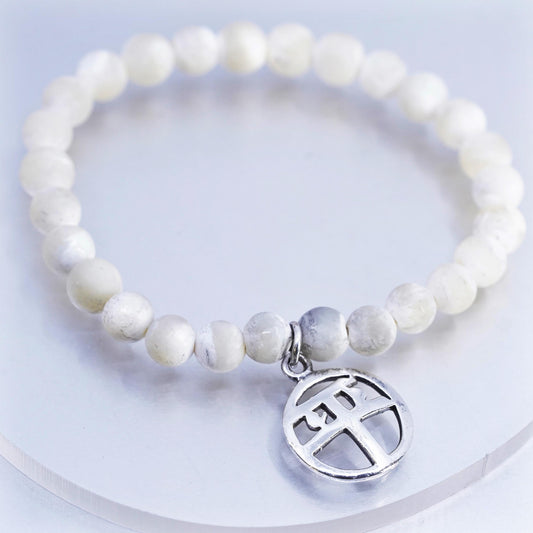 6.5", Sterling 925 silver stretchy bracelet moonstone beads “balance” charm