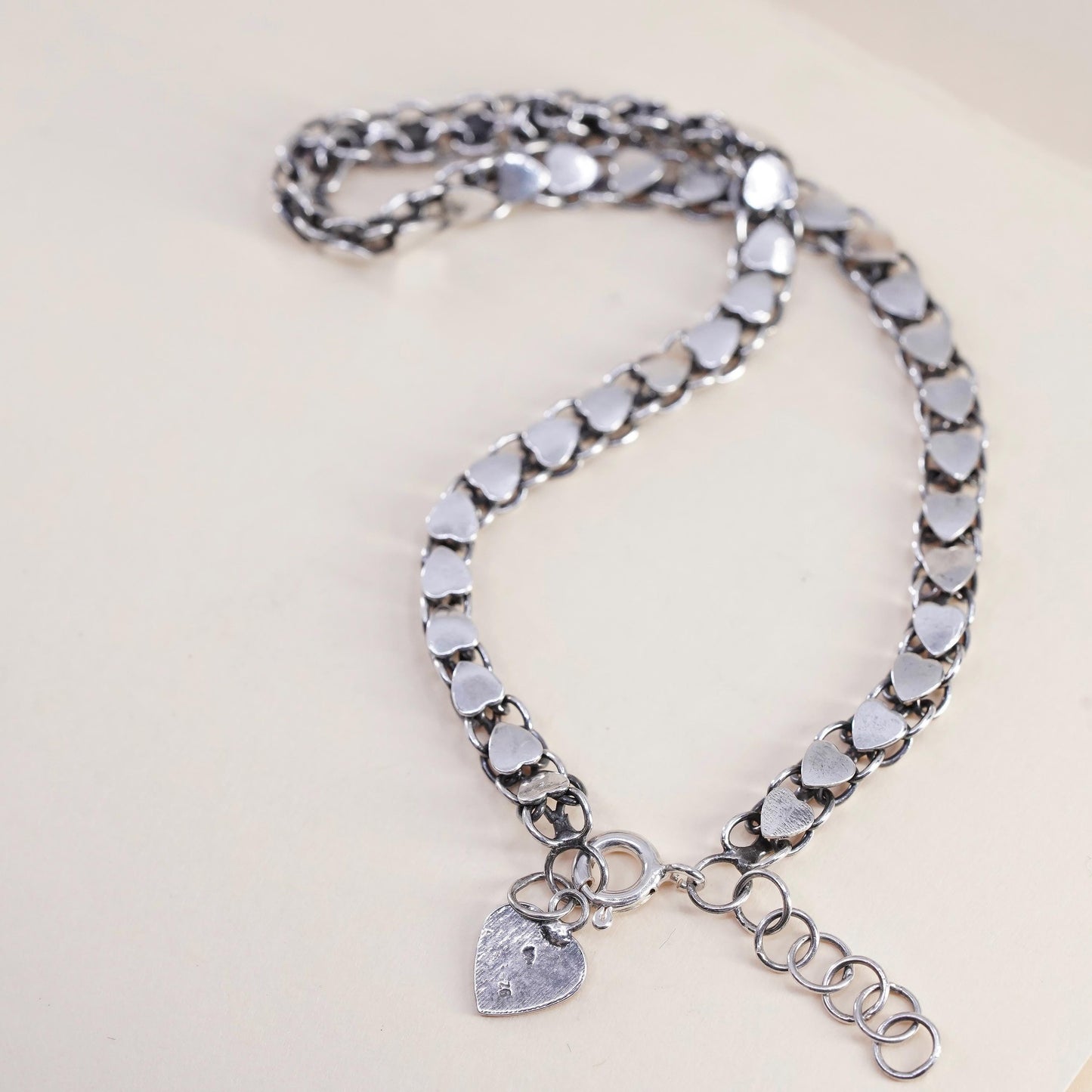 9+1”, Vintage sterling 925 silver bracelet anklet, Italy heart link chain