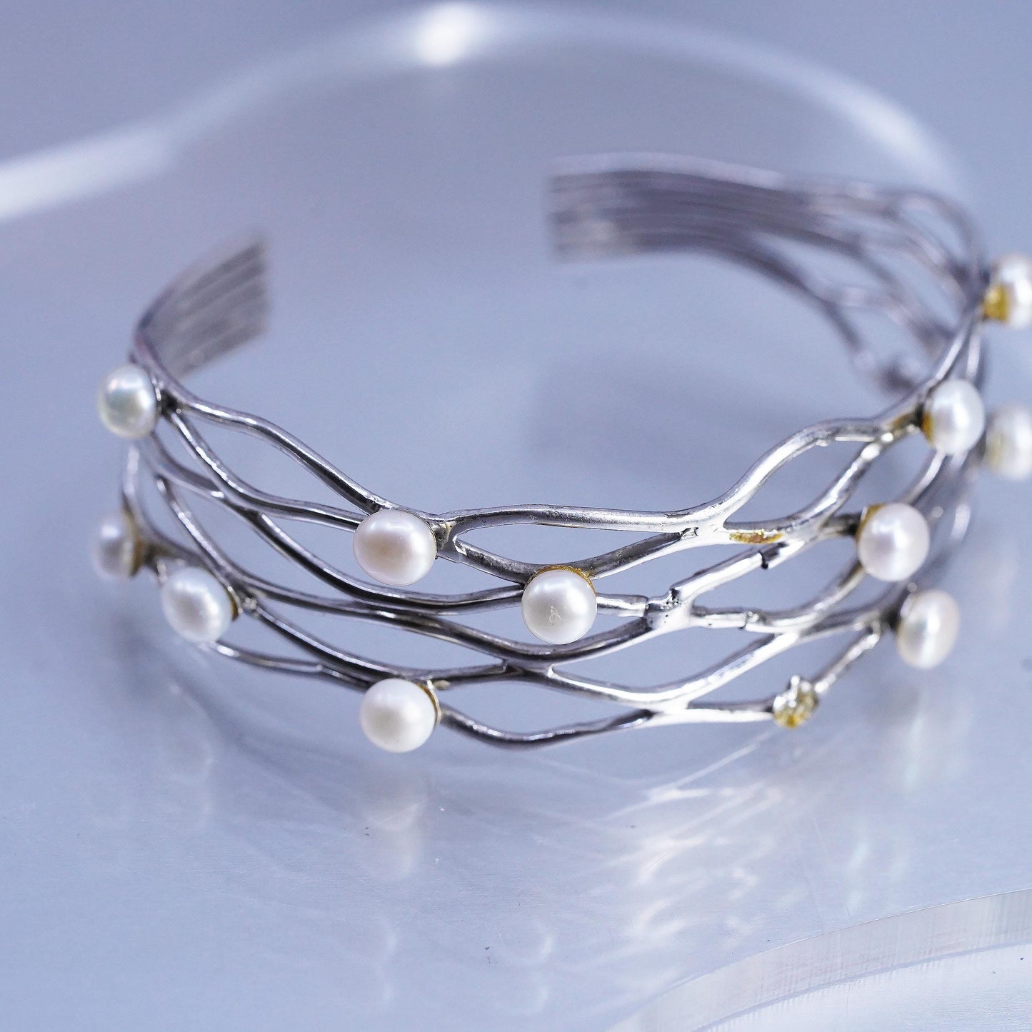 7", DAMAGED! Sterling 925 silver bracelet, ocean wave cuff freshwater pearls
