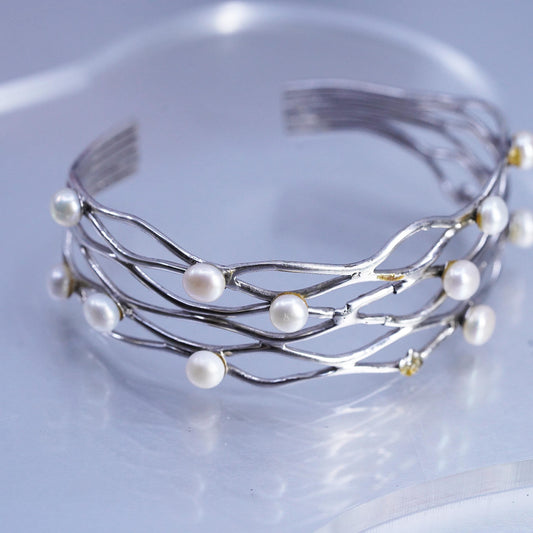 7", DAMAGED! Sterling 925 silver bracelet, ocean wave cuff freshwater pearls