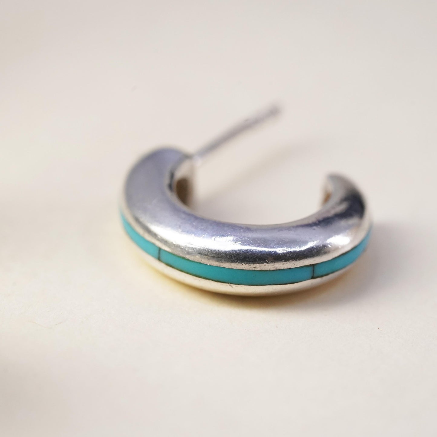 0.5”, Vintage sterling silver single earring, southwestern hoop stud turquoise