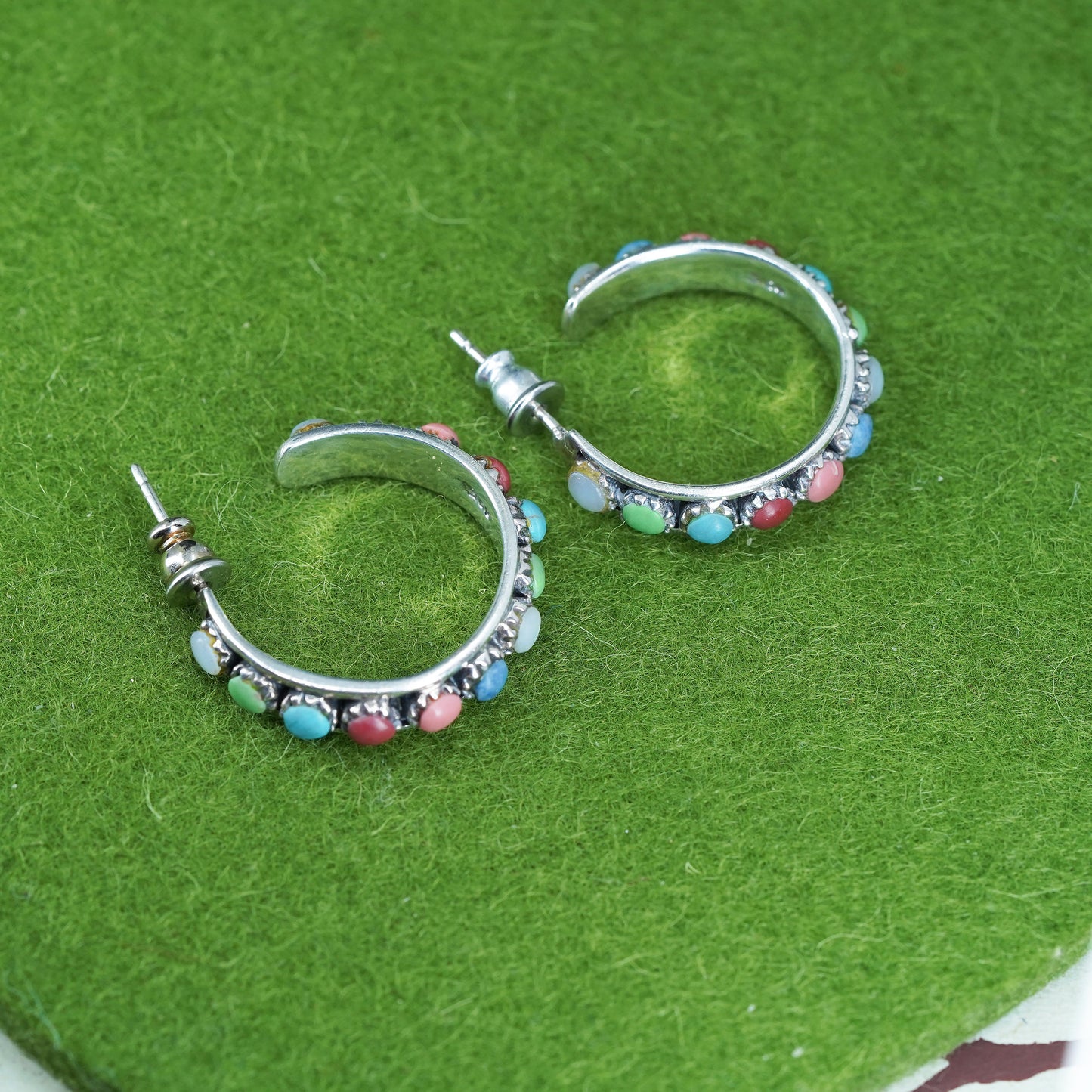 1”, southwestern Sterling 925 silver huggie hoops earrings turquoise obsidian