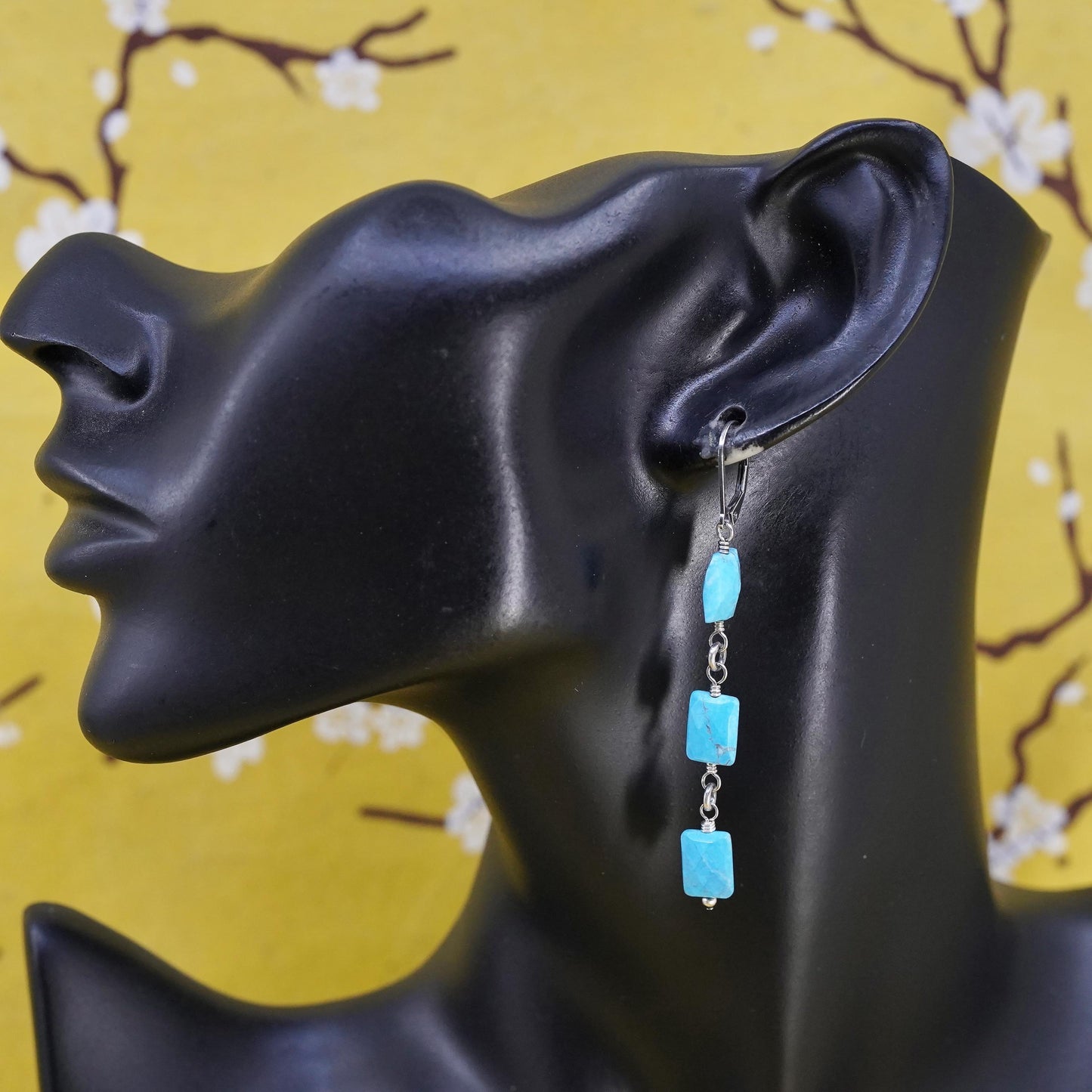 Vintage Sterling 925 silver handmade long earrings with turquoise beads
