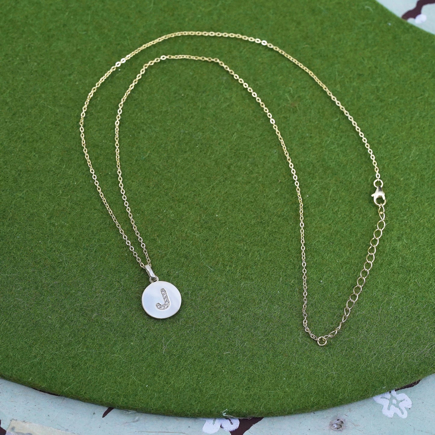 16+2", yellow gold Sterling silver necklace, 925 circle chain letter J pendant