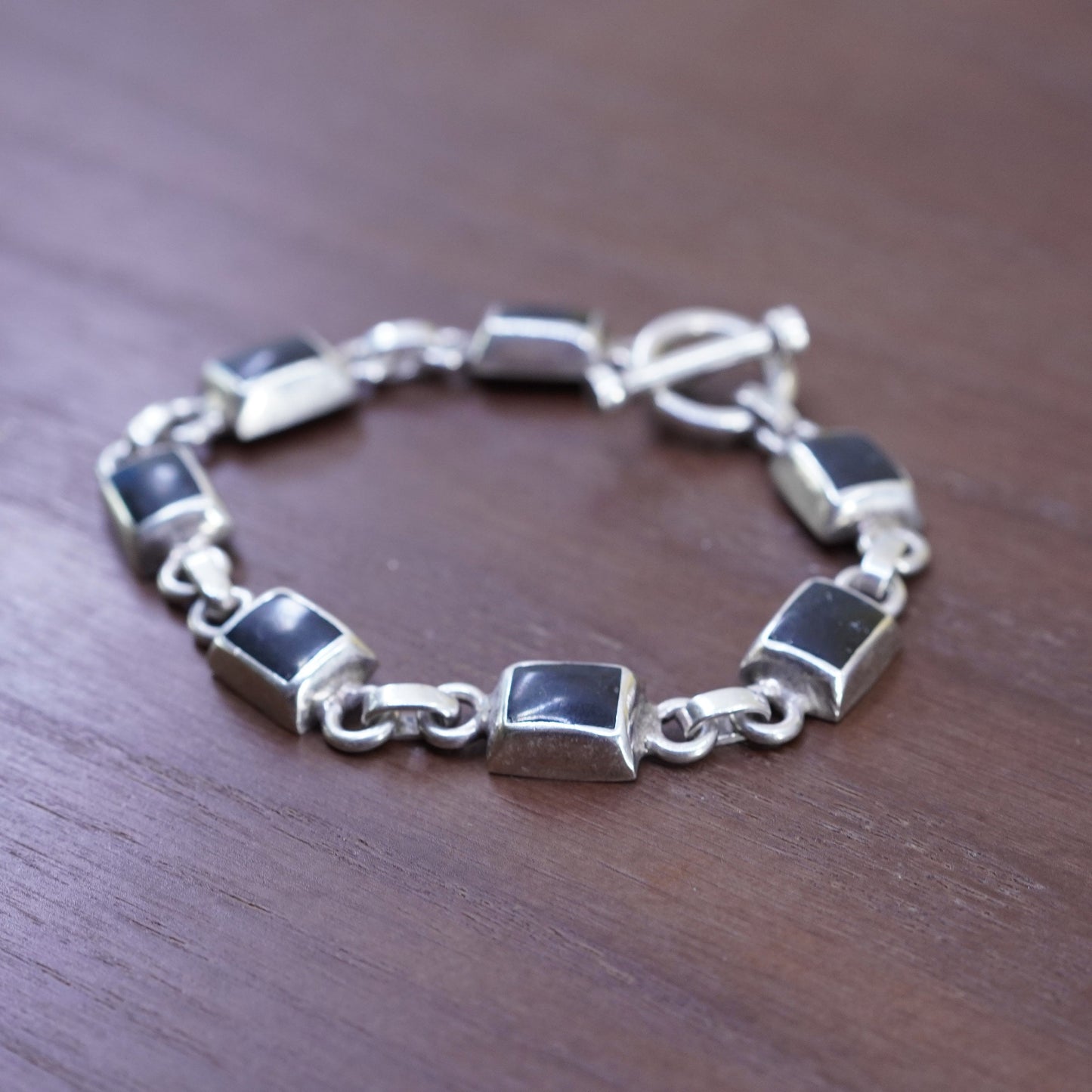 6.5”, vintage Sterling silver handmade bracelet, Mexico 925 chain w/ oval onyx