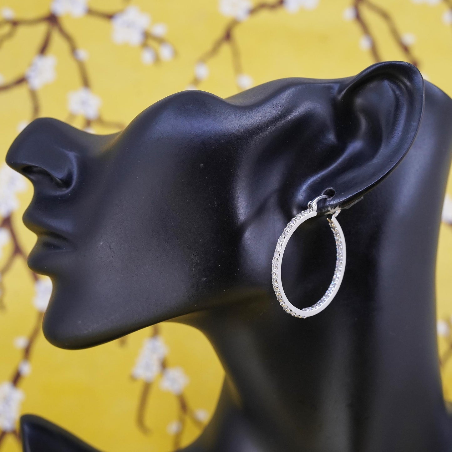 1.25", vintage Sterling silver handmade earrings, 925 hoops with cluster cz