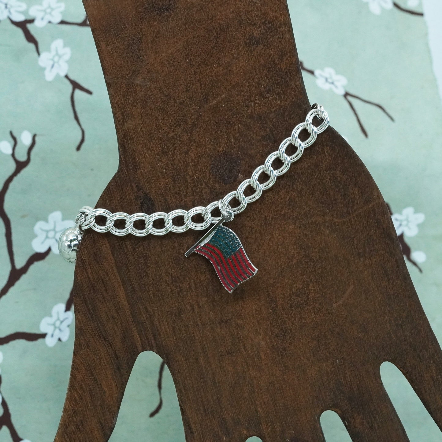 6.5”, sterling silver bracelet, 925 curb chain Soccer American flag charms