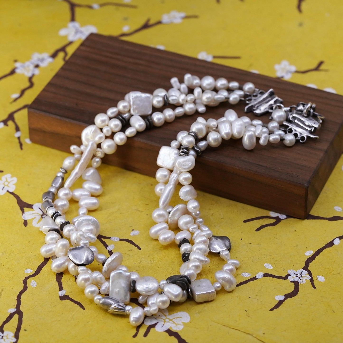 15+1", vintage Sterling 925 silver multi strands cluster pearl chain necklace