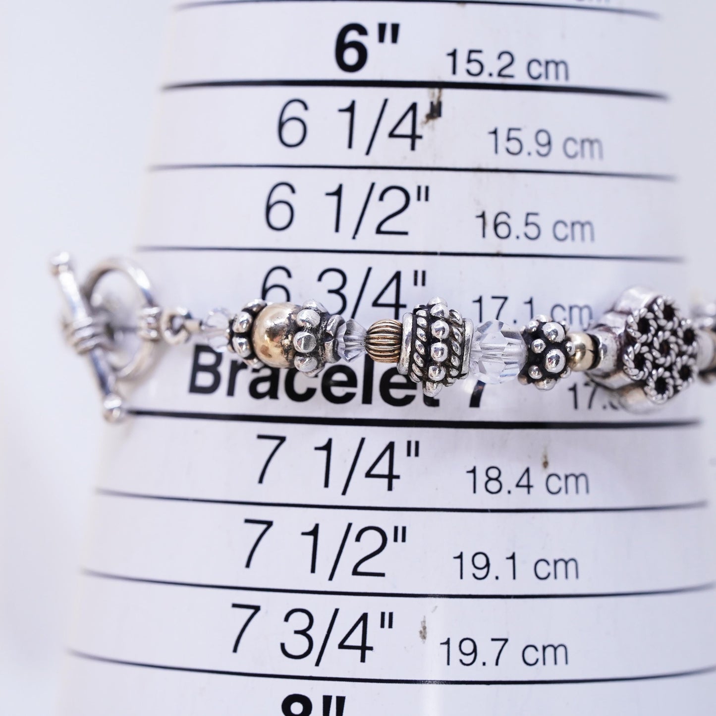 7", VTG handmade bracelet, clear crystal 14K yellow gold beads toggle closure