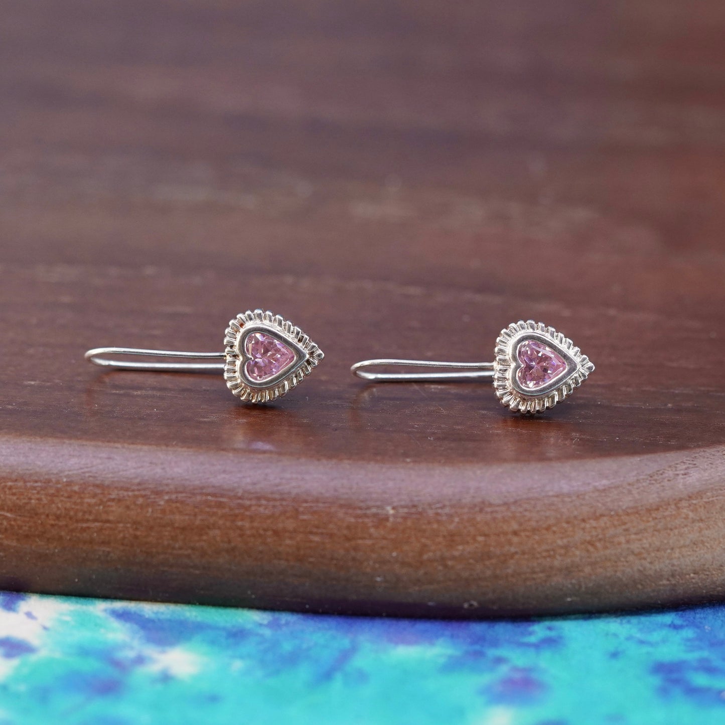 Vintage Sterling 925 silver handmade heart earrings with crystal and beads
