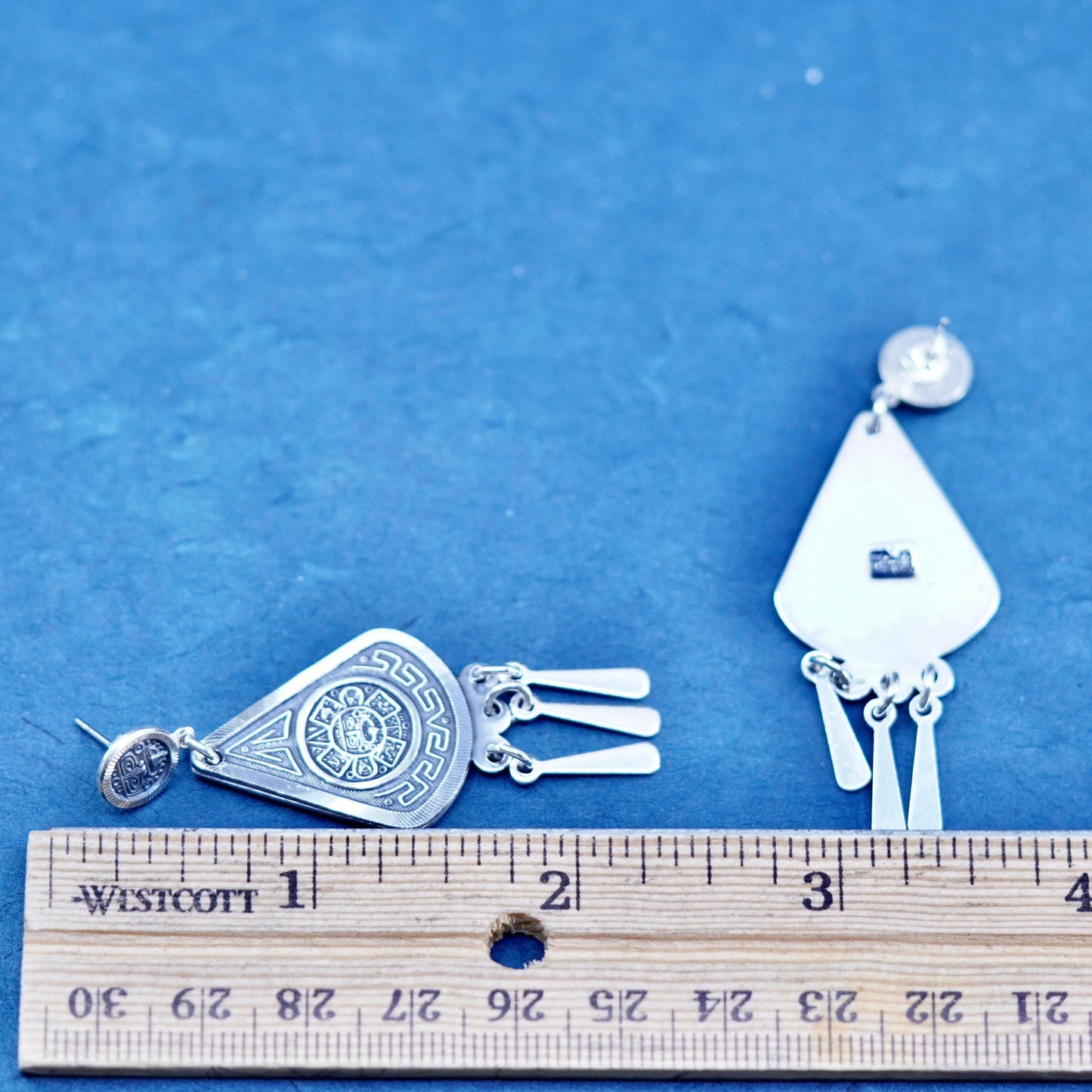 Mexico Sterling Silver Earrings 925 teardrop embossed mayan calendar and fringe