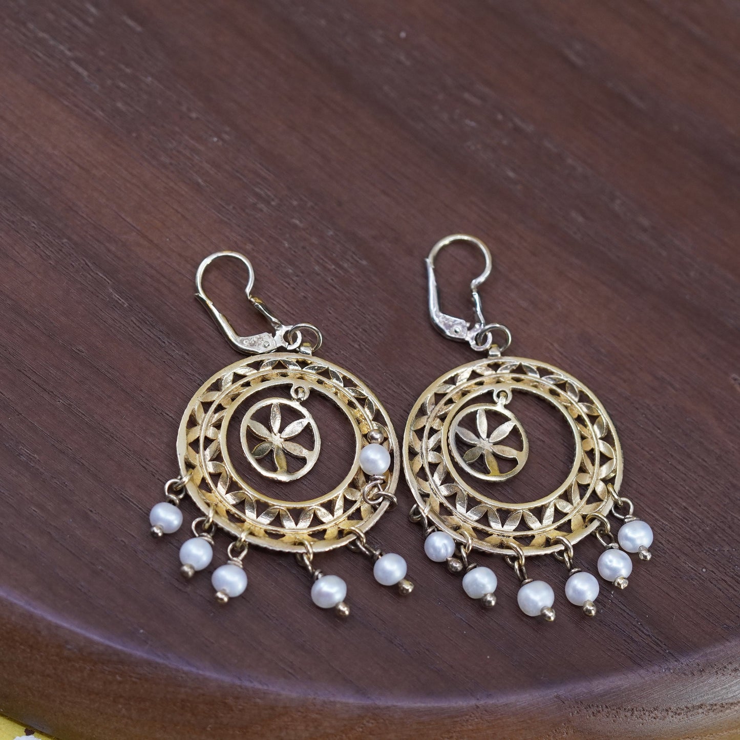 vermeil gold Sterling silver handmade earrings, 925 Bali Filigree circle pearl