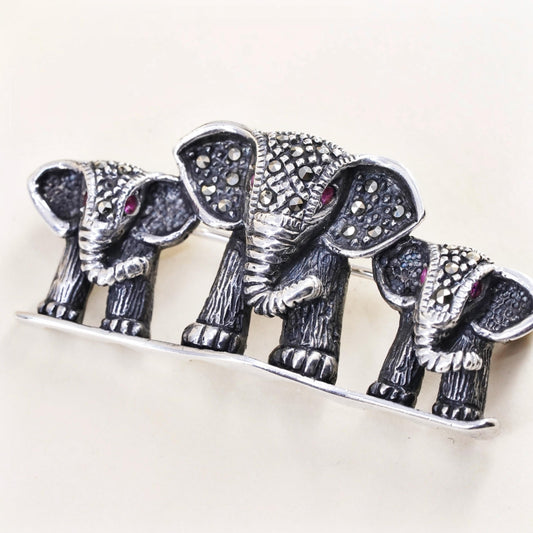 Vintage Sterling 925 silver handmade elephant brooch with marcasite ruby eyes