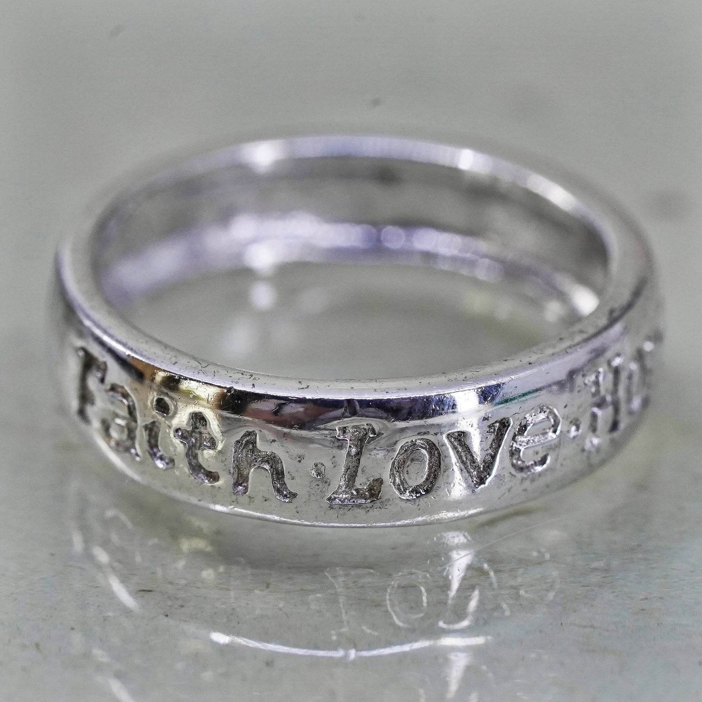 Size 6, Vintage sterling silver ring, 925 quote band engraved "faith love hope"