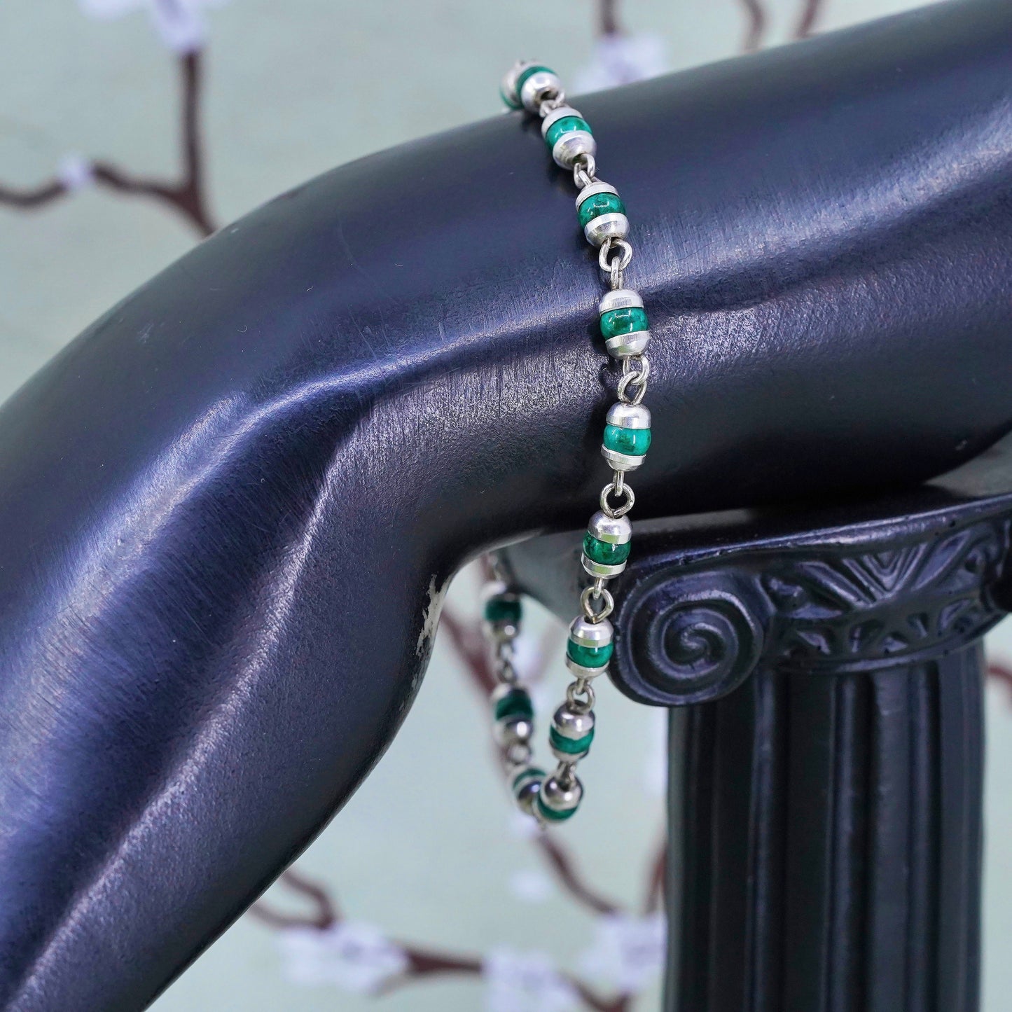 6.75”, Vintage Sterling silver handmade bracelet, 925 chain w/ malachite beads