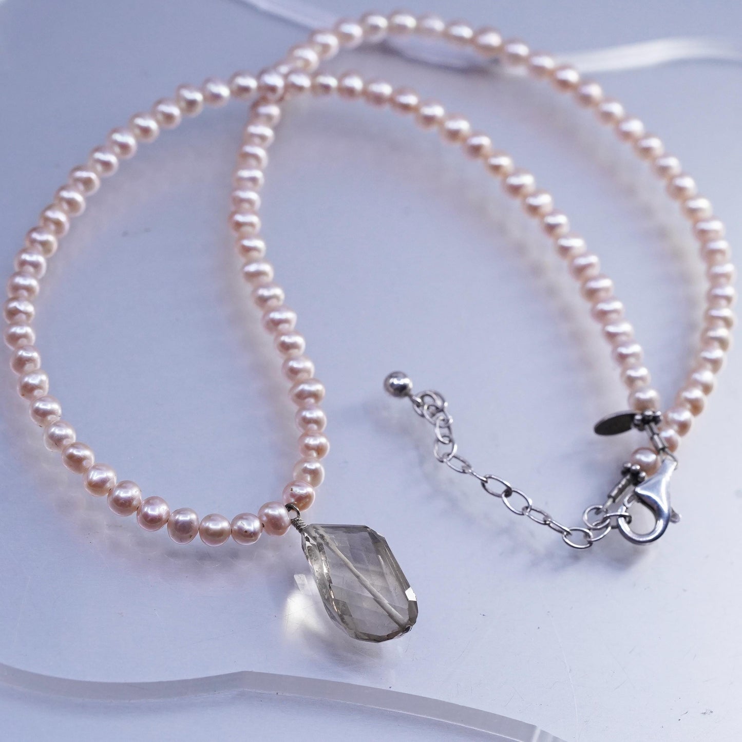18+2", Ollie Sterling 925 silver necklace freshwater pearl smoky quartz pendant
